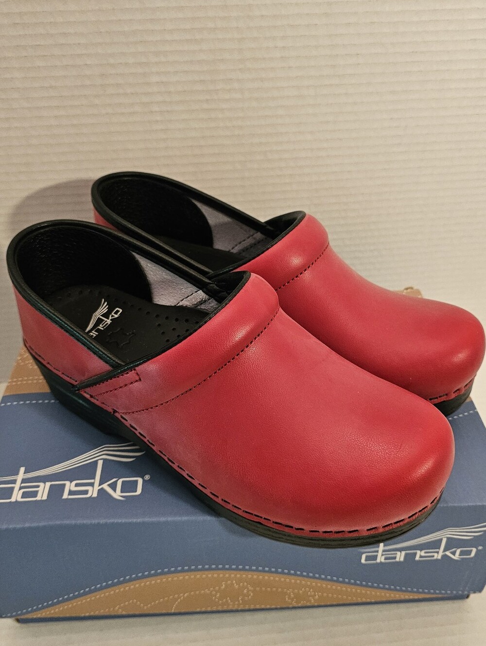 Dansko Red Leather Slip-On Clogs with Black Trim - Picture 14 of 15